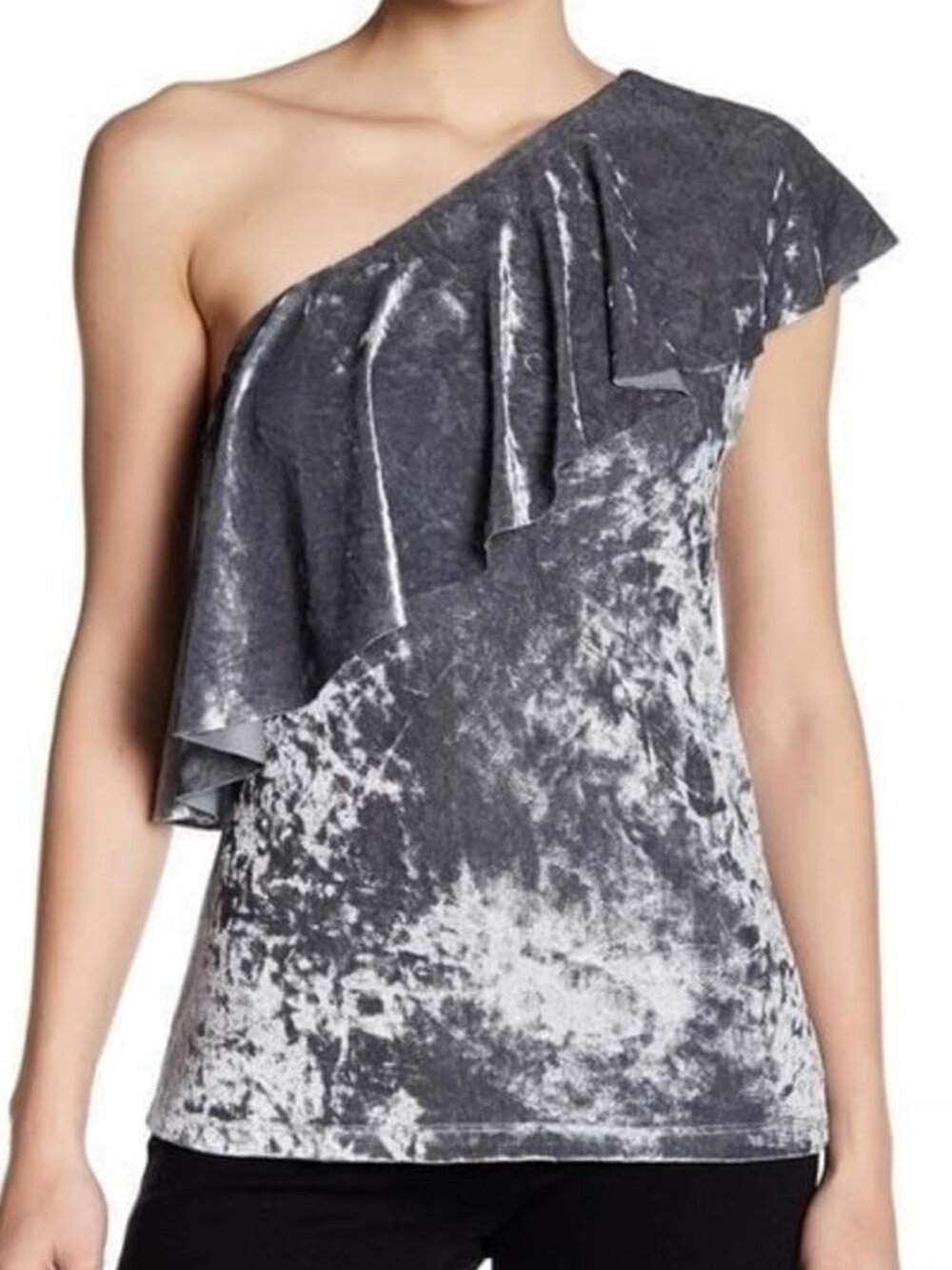 NWOT TART Ruffled One Off Shoulder Velvet Top Grey Velour Ruffle Sleeveless sz S